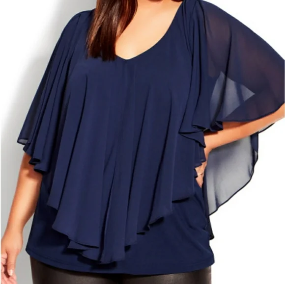 NWT Avenue Navy Overlay V-Neck Removable Tassel Necklace Blouse - Picture 2 of 9
